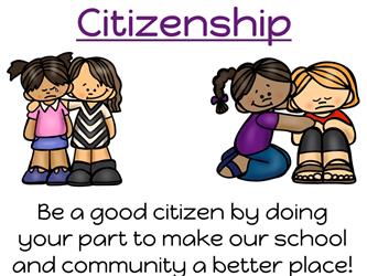 Citizenship flyer with clipart images of one student comforting another and another girl comforting another student sitting on the ground.