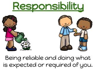 Responsibility Flyer withlipart image of a girl watering a white flower along with a male adult handing a key to a student. 