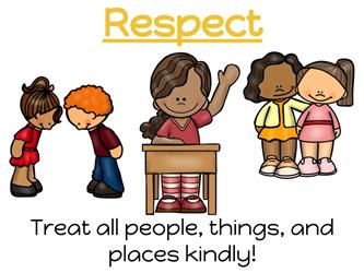 Flyer of Respect with clipart images of students bowing to each other, a student sitting at desk raising their hand and two students standing together.