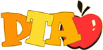 Clipart of the letters PTA with red apple at the end behind the letter A